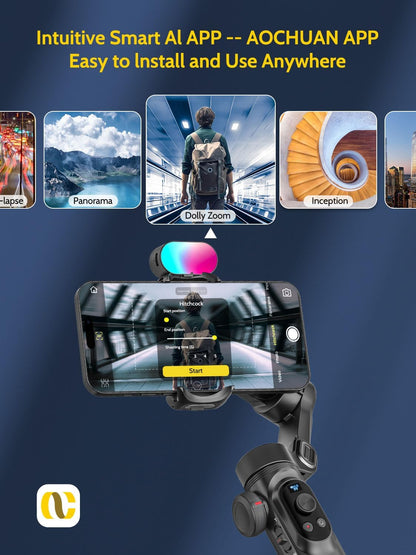 Professional Gimbal Stabilizer for Smartphone,RGB Magnetic Refill Light,OLED Display LED Light,face Tracking,Gesture Control,Professional 3-axis stabilizer for Android &iPhone, AOCHUAN XPRO KIT Black