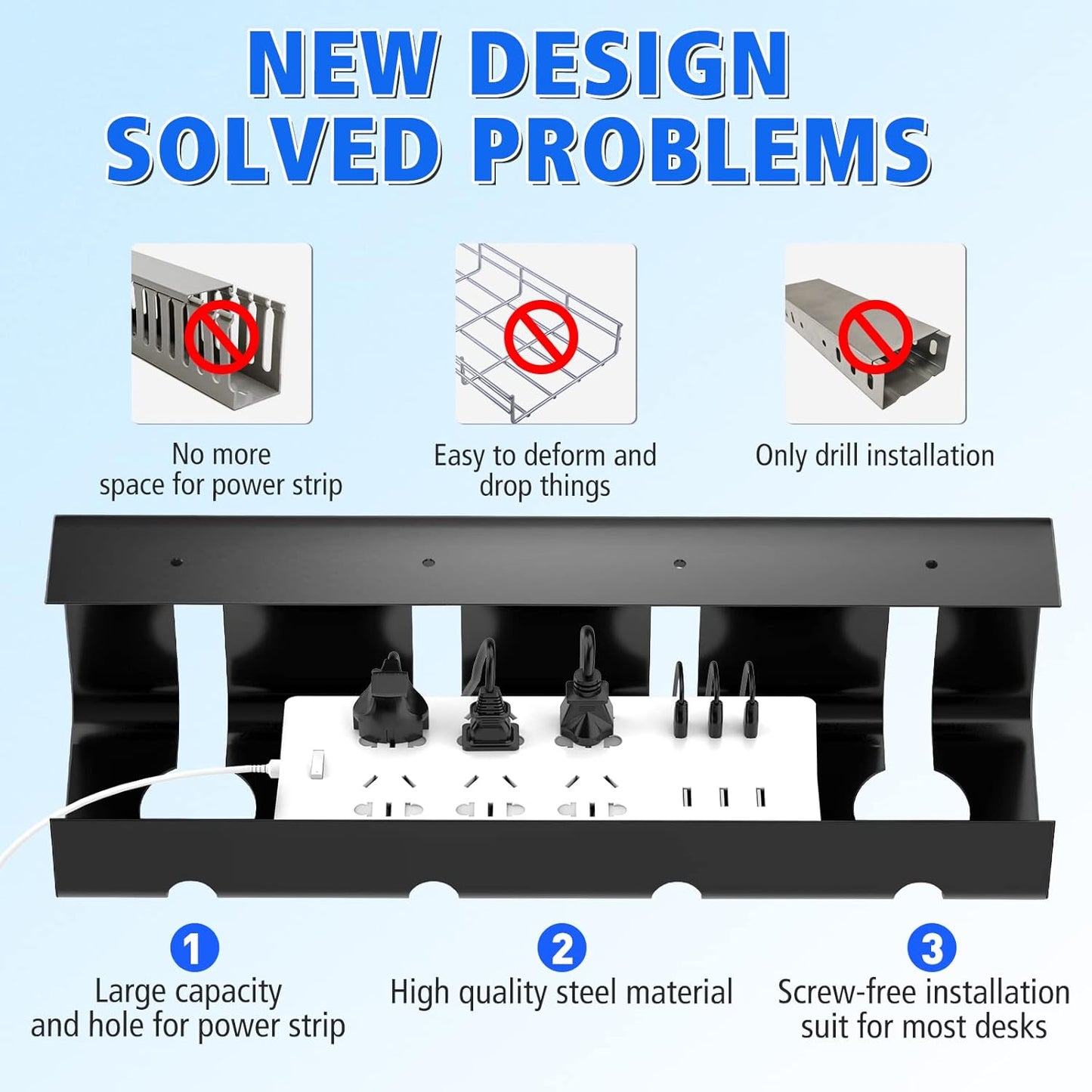Under Desk Cable Management Tray, No Drill 2 x 15.7 in Steel Tray With Wire and Cord Organizer, 2Pack Black Cable Raceway for Cords