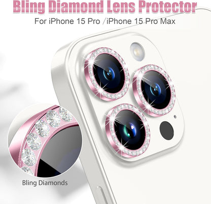AGVEE 3+3 6 Pack for iPhone 15 Pro 6.1" / 15 Pro Max 6.7" Camera Lens Cover Protector, Bling Diamond & Bling Glitter Metal Ring 9H Tempered HD Glass Camera Cover Protector Film, Bling-Pink