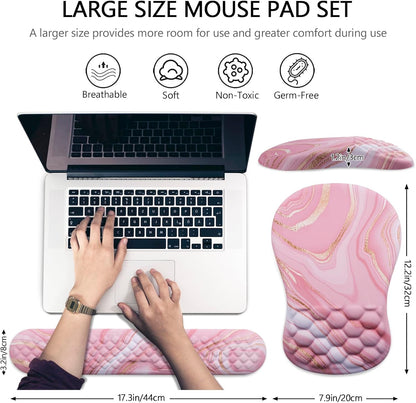 Mouse Pad Wrist Support, Laokiiy 2 in1 Keyboard Wrist Rest+ Ergonomic Mouse Pad, Non-Slip Wrist Rest for Computer Keyboard, Made Easy Typing & Relieve Wrist Pain(Rose Gold Pink Marble)
