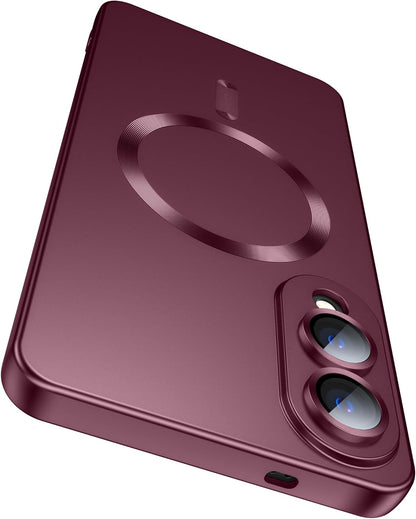Magnetic for Samsung Galaxy S25 Edge Case [Compatible with MagSafe][Built-in Camera Lens Protector] Slim Soft Silicone Bumper Shockproof Metallic Luster Phone Case (Burgundy)