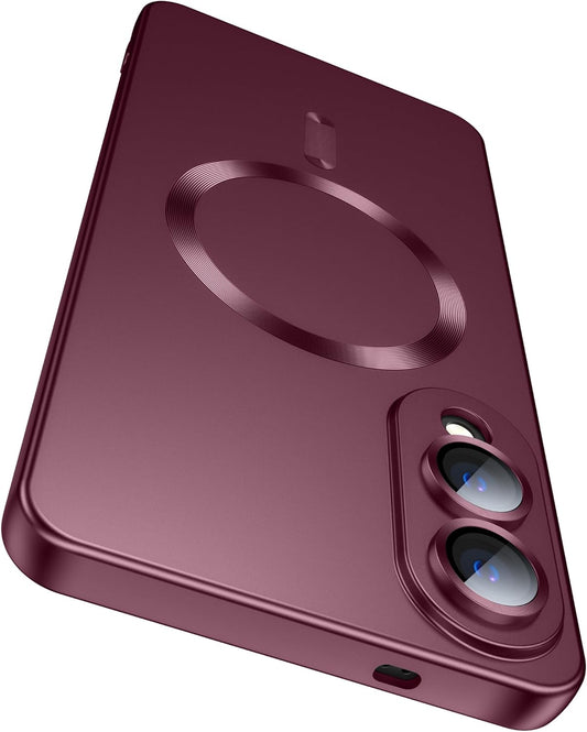 Magnetic for Samsung Galaxy S25 Edge Case [Compatible with MagSafe][Built-in Camera Lens Protector] Slim Soft Silicone Bumper Shockproof Metallic Luster Phone Case (Burgundy)