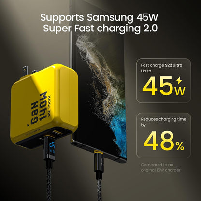 AOHI Youth 140W GaN+ USB C Charger 100W Laptop Fast Charger PD3.1 PPS 3-Port USB C Wall Charger Power Adapter for MacBook Pro 16'', Dell XPS, iPhone 16/15 Pro Max, iPad Pro, Tablet, Chromebook, Yellow