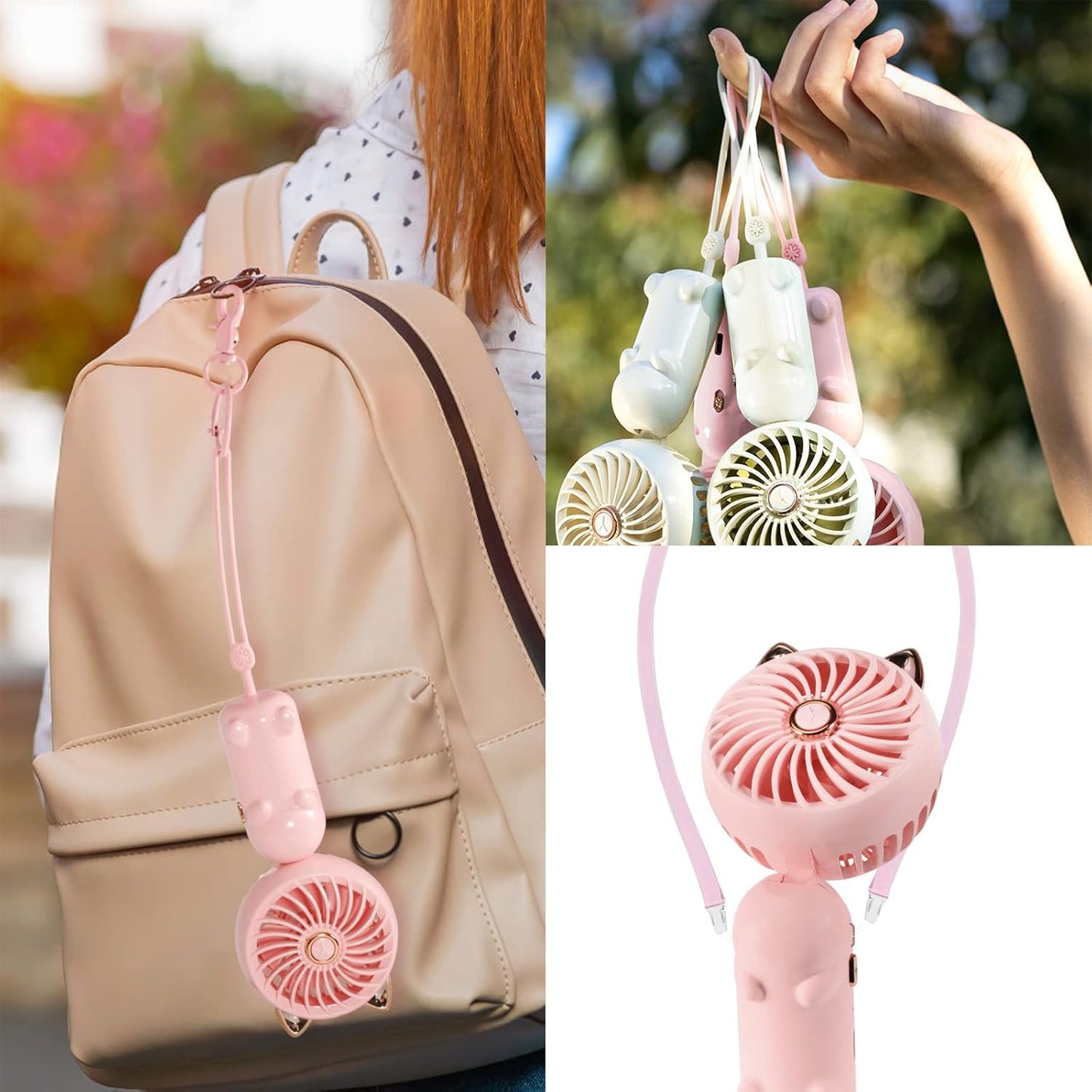 QearFun Handheld Lanyard Fan Portable, Mini Hand Held Fan with USB Rechargeable Battery, 3 Speed Strong Personal Table Fan, 8-12 Hours Small Makeup Fan for Girls Women Travel (Purple&Pink)