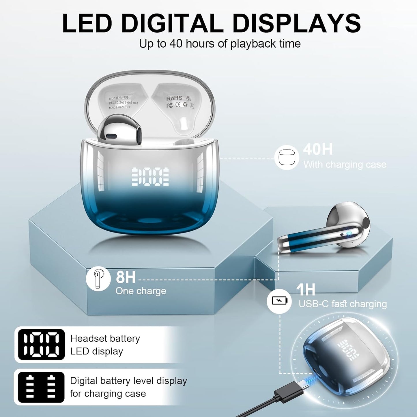 Wireless Earbuds, Bluetooth Headphones 48H Playtime Ear Buds with LED Power Display, IPX7 Waterproof Bluetooth 5.4 Earphones in-Ear Earbuds with 4 Mic for Android iOS Cell Phone Laptop, Blue