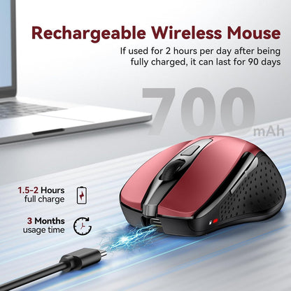 Bluetooth Mouse (BT5.0/3.0 & 2.4G) Rechargeable Wireless Mouse, 4800 DPI Optical Tracking, 6 Adjustable DPI, 2.4GHz with USB A Receiver, Quiet Clicks, Ergonomic Grips, 6 Buttons - Red