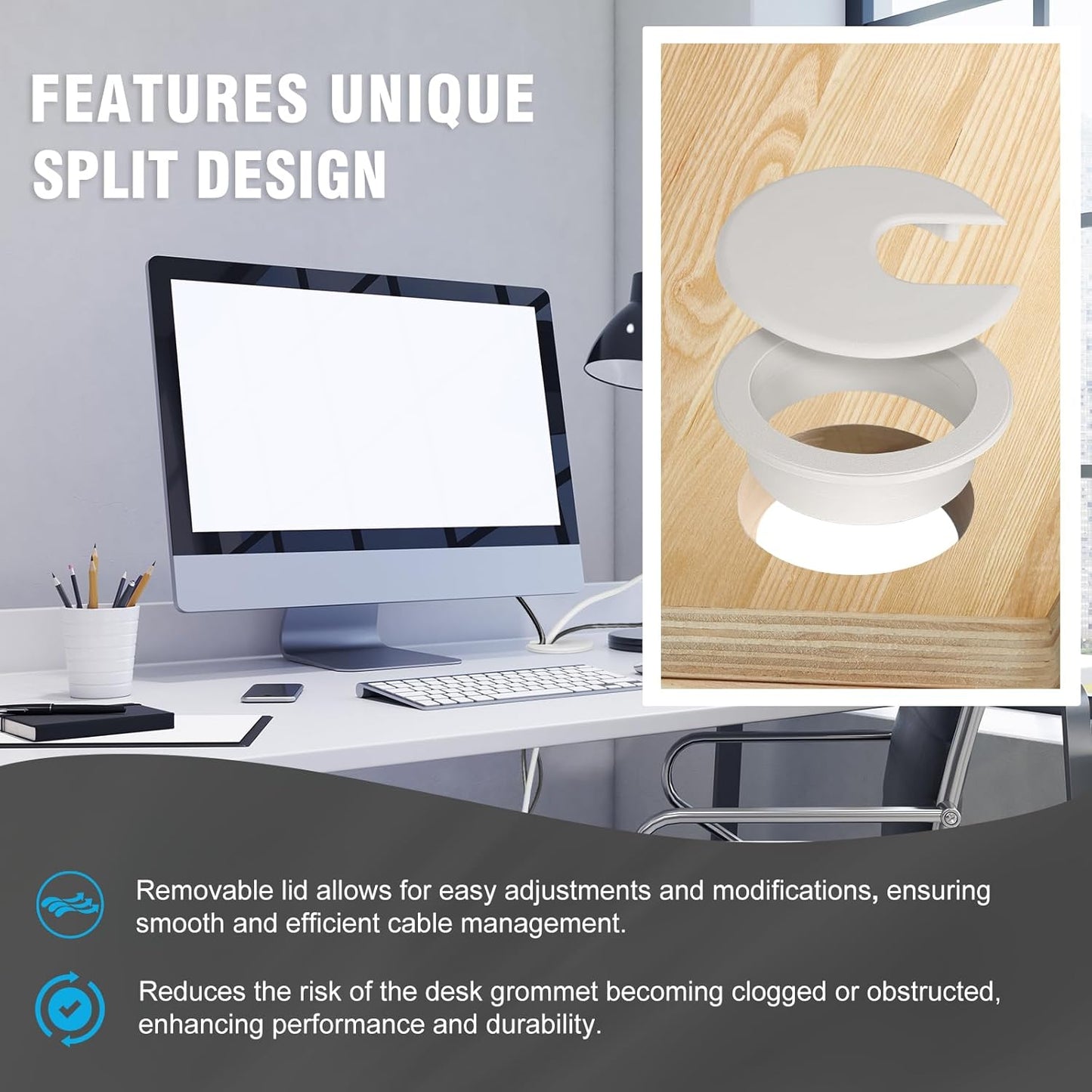 2" White Desk Grommet, JTemgle Plastic Cable Hole Cover Computer Table Cord Wire Organizer Caps Desktop Cord Management for Home Office TV Stands Tabletops, 5 Pieces