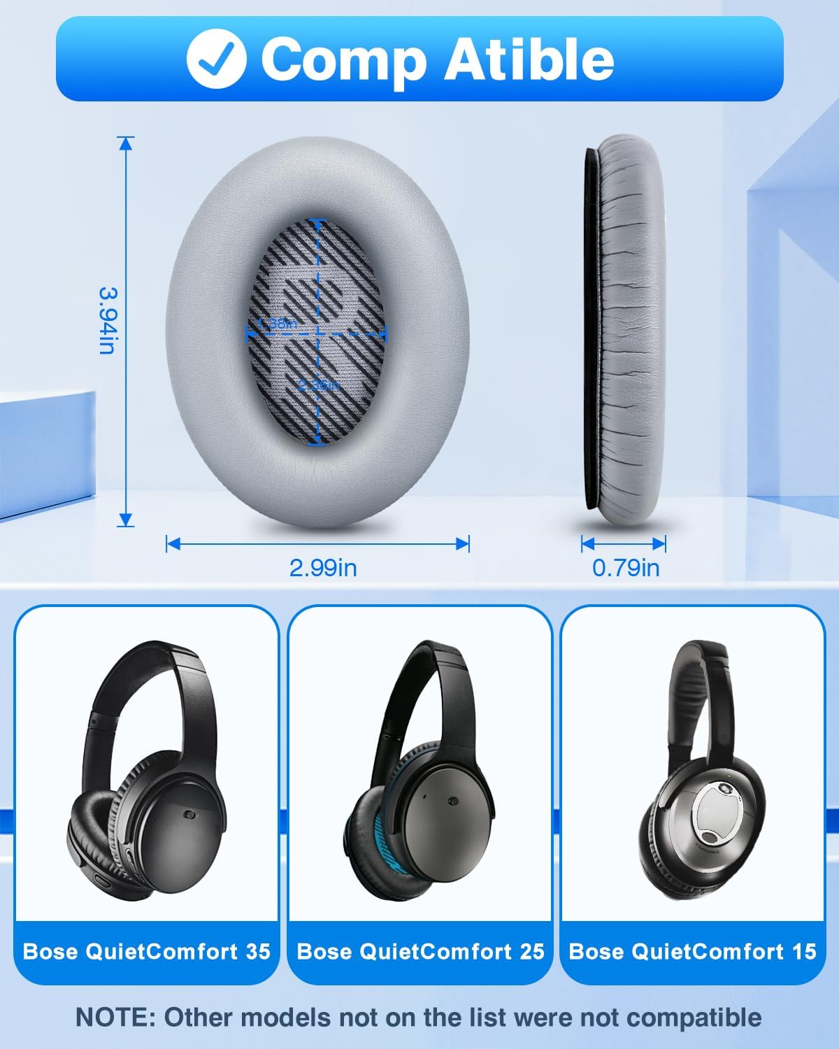 Link Dream Replacement Ear Cushions for Bose Quiet Comfort 35 Soft Protein Leather Replacement Ear Pad for Bose QC 35/25 / 15 QC2 / Ae2 / Ae2i / Ae2W / Sound Link/Sound True (Light Grey)