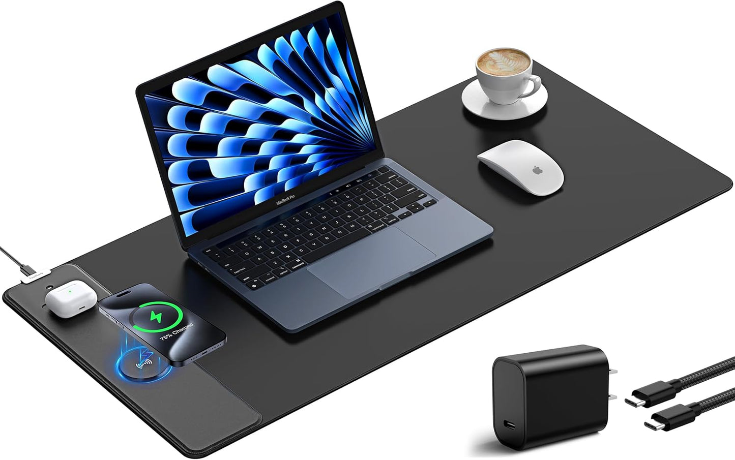 TopMade Wireless Charging Mouse Pad, Gaming Mousepad Home Office Large Desk Pad with Ultra-Smooth Surface, Non-Slip Base, Waterproof Keyboard Mat (Includes 20W PD Power Adapter & 6.56ft Woven Cable)