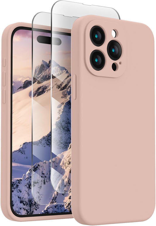 FireNova Designed for iPhone 15 Pro Max Case, Silicone Upgraded [Camera Protection] Phone Case with [2 Screen Protectors], Soft Anti-Scratch Microfiber Lining Inside, 6.7 inch, Pinksand