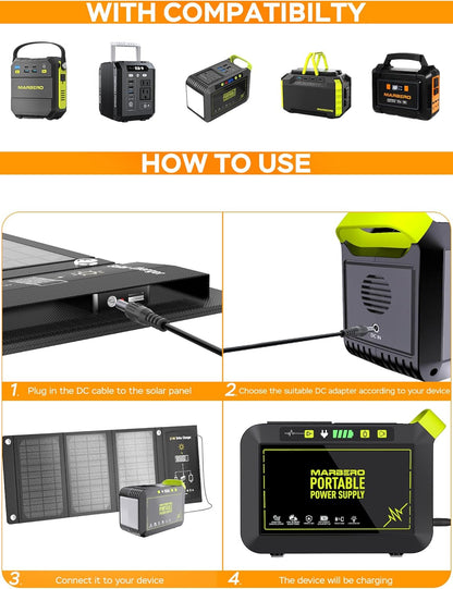 MARBERO 21W Portable Solar Panel Foldable Solar Panel Charger IP65 Waterproof Solar Panels 23% High Efficiency Fast Charger USB Ports & DC 18V Output for Camping Outdoor Travel Emergency Cloudy