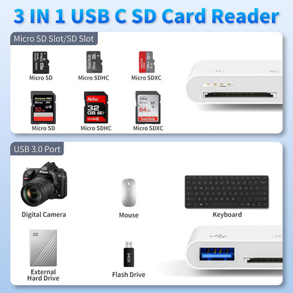USB C SD Card Reader, 3-in-1 SD Card Adapter with SD MicroSD USB, Groodo Memory Card Reader MicroSD Card Reader Compatible with iPhone15 16/iPad/Mac/Laptop and More USB-C Devices