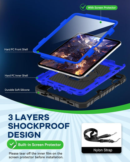 Cantis Case for iPad 11-inch (A16) 2025/ iPad 10th Generation 2022 (10.9 inch) with Screen Protector, iPad 11th Case with 360 Degree Rotating Stand/Shoulder Strap/Pencil Holder, Black+Dark Blue