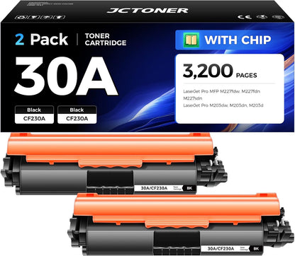 30A Black Toner Cartridge 2-Pack with chip High Yield Replacement for HP 30A CF230A 30X CF230X Compatible for HP LaserJet Pro MFP M227fdw M227fdn M227sdn M203dw M203dn M203d Printer M277 M203 Ink Copy