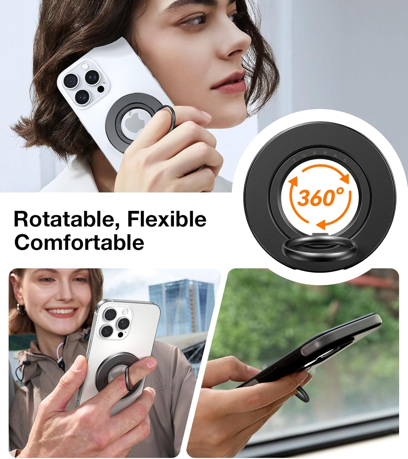 TORRAS 2025 Upgrade (Dual-Ring) Fit for MagSafe Phone Grip Ring Holder Compatible with MagSafe Kickstand Magnetic for iPhone 16/15/14/13/12/11 Samsung, Google Accessories, Black