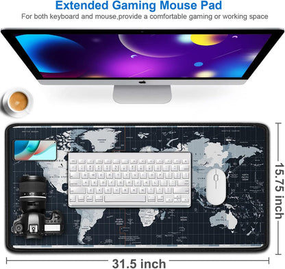 Large Gaming Mouse Pad with Stitched Edges, 31.5x15.7 in Extended Computer Keyboard Mouse Mat, Water Resist Non-Slip Mousepad Rubber Base Long XXL Desk Mousepad for Work & Gaming, Home, Map