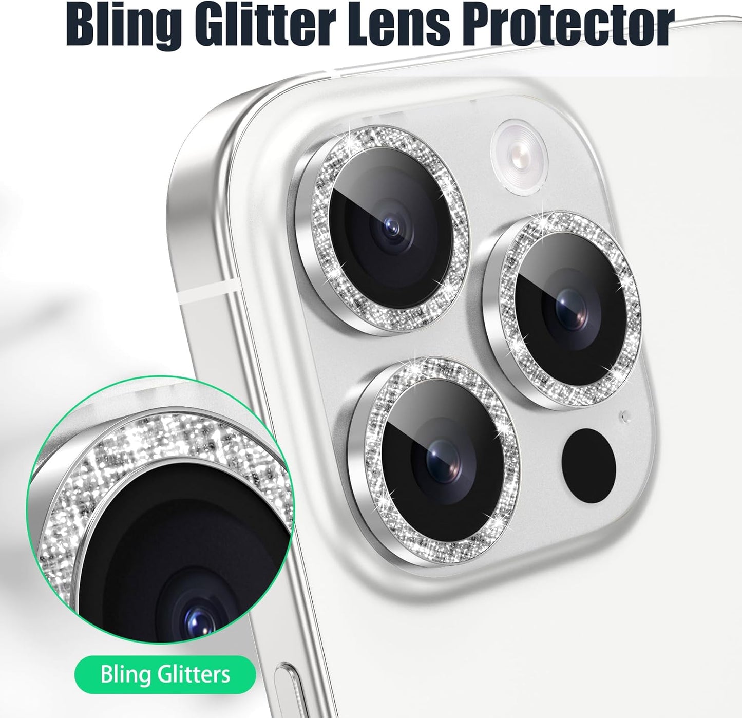 AGVEE 3+3 6 Pack for iPhone 16 Pro 6.3" / 16 Pro Max 6.9" Camera Lens Cover Protector, Bling Diamond & Bling Glitter Metal Ring 9H Tempered HD Glass Camera Cover Protector Film, Bling-Silver