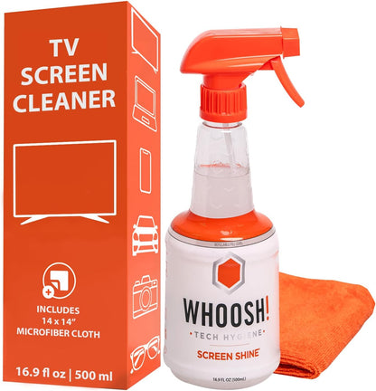 WHOOSH! Screen Shine Pro 16.9 fl oz Refillable TV Screen Cleaner with Microfiber Cloth - Streak-Free Cleaner for Flat Screen, OLED TV, LCD, Smart TV, and Monitors - Non-Toxic and Odorless Formula