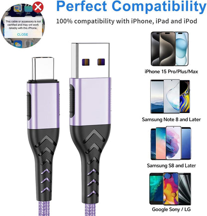 Durcord USB C Charger Cable, 2Pack 10ft Fast Charging USB Type C Cord Cable for Android Phone Pad Laptop, USB A to USB C Type C Charger Cable Compatible with iPhone 15 Pro/Plus/Max-Light Purple