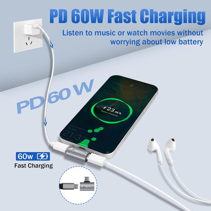 Dual USB C Headphone and Charger Adapter Splitter, 2-in-1 Type C to USB-C Audio Adapter with PD 60W Fast Charge, Type-C Splitter Dongle Converter for iPhone 16 Series, Galaxy S24/23, iPad Pro, Pixel 8