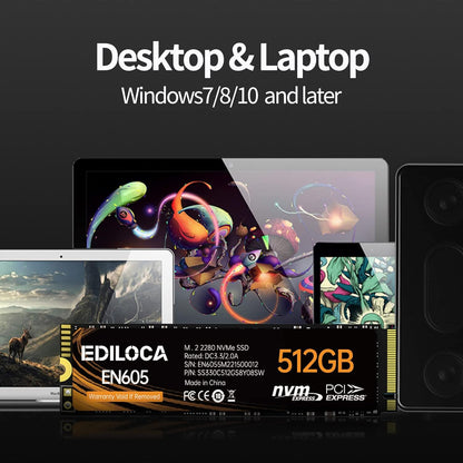 EN605 512GB M.2 SSD, NVMe1.3 PCIe Gen3 x4 SSD TLC, Internal Hard Drive, M.2 2280 - Read/Write Speed up to 2150/1600 MB/s - Internal SSD Compatible with Laptop & PC Desktop