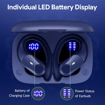 GOLREX Active Noise Cancelling Ear Buds Wireless Earbuds Bluetooth Headphones with 80H Playtime LED Display Wireless Charging Case, Over-Ear Hooks Earbud for Sports Running Gym Workout Blue