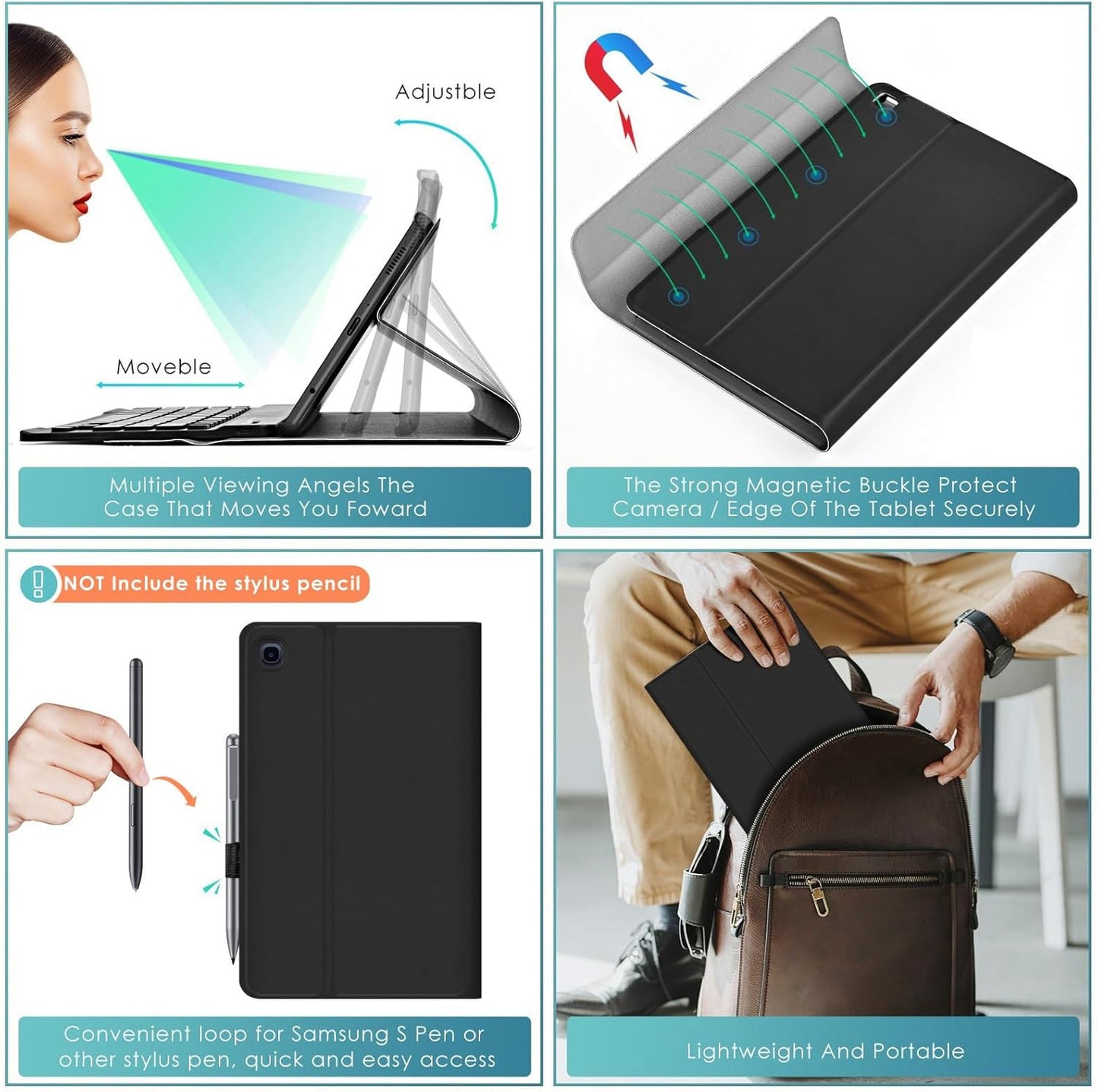 DETUOSI Backlit Keyboard Case for Samsung Galaxy Tab A7 Lite 8.7" 2021 (SM-T220/T227U) with S Pen Holder, 3 Viewing Angles Folio Leather Book Cover with Magnetic Closure + Wireless Keyboard Detachable