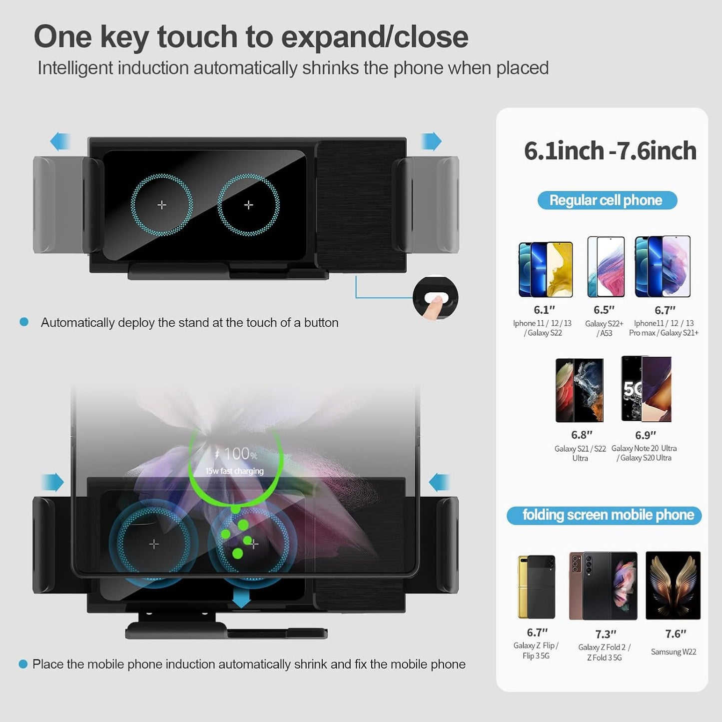 Wireless Car Charger for Z Fold 6/5/4/3, Dual Coil Cup Holder Phone Mount for Tesla, Fast Charging Auto Clamping Auto Rotation 90° Air Vent Mount for iPhone 16/15/14/13/12 Serie