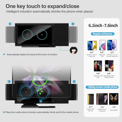 Wireless Car Charger for Z Fold 6/5/4/3, Dual Coil Cup Holder Phone Mount for Tesla, Fast Charging Auto Clamping Auto Rotation 90° Air Vent Mount for iPhone 16/15/14/13/12 Serie