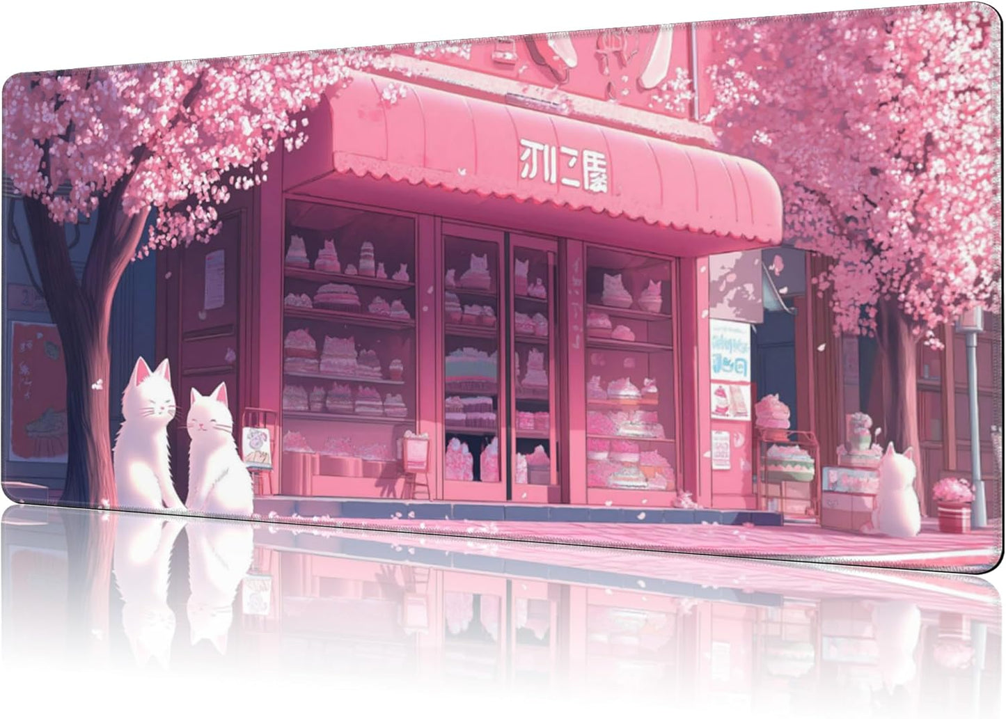 Mouse Pad Large Cake Shop and White Cats Non-Slip Gaming Desk Mat with Stitched Edge Laptop Keyboard Desk Pad for Work Home Gaming (35.4 x 15.7 Inches)