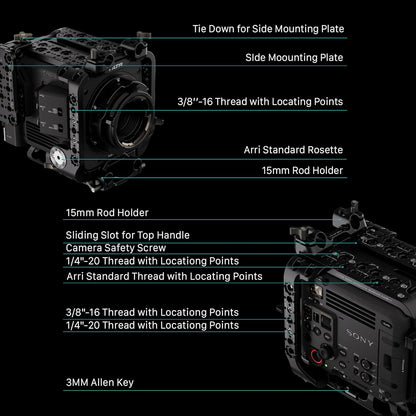 Tilta Camera Cage Compatible with Sony BURANO | Arri Rosettes, 1/4"-20 and 3/8"-16 Threads | w/Top Handle, Left/Right Side Arm, Battery Plate (Advanced Kit - V Mount)