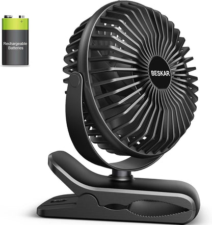 BESKAR Portable Clip on Fan Rechargeable, 4 Speeds Small Battery Operated Fan, USB Desk Fan with Strong Airflow, Sturdy Clamp for Golf Cart Office Outdoor Travel Camping
