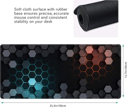 Hexagon Honeycomb Large Mouse Pad,Gaming Keyboard Desk Pad,Extended Mouse Mat Non-Slip Rubber Base with Stitched Edges for Office Game Home XXL 35.4"x15.7"