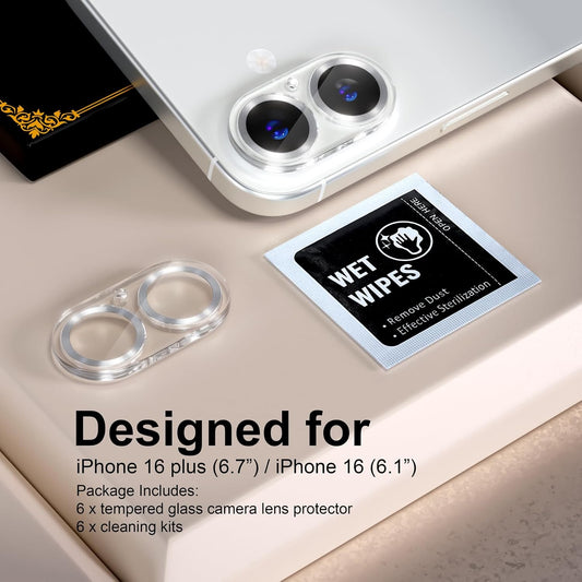 beuxece for 6 Pack iPhone 16 / iPhone 16 Plus Camera Lens Protector [Drop Protection] [Case Friendly] [Easy Installation] 9H Tempered Glass Camera Screen Protector Cover Accessories, CD Silver