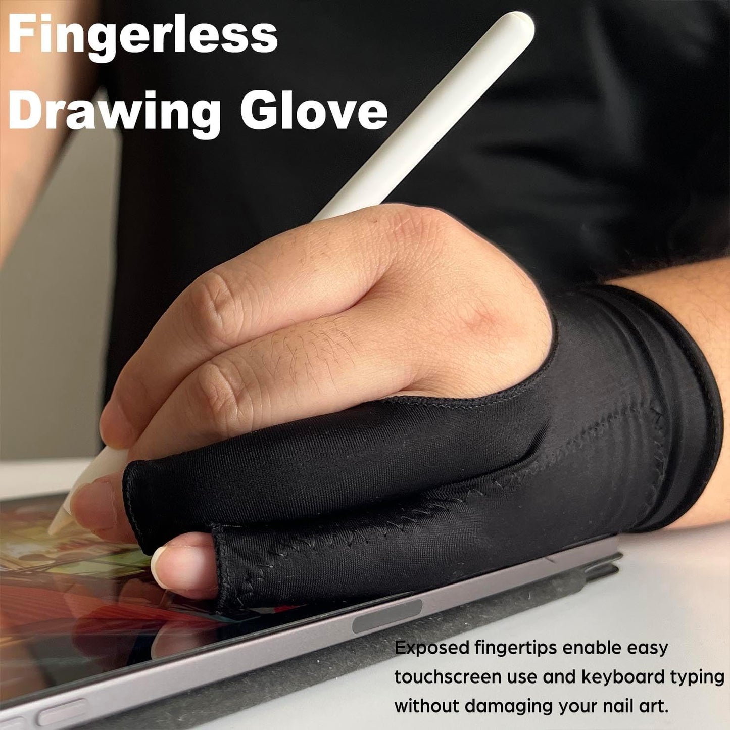 Drawing Glove, Artist Glove for Drawing Tablet, iPad, Digital Art Creation - Palm Rejection, Exposed Fingertip, Suitable for Left and Right Hand - L, Pack of 2