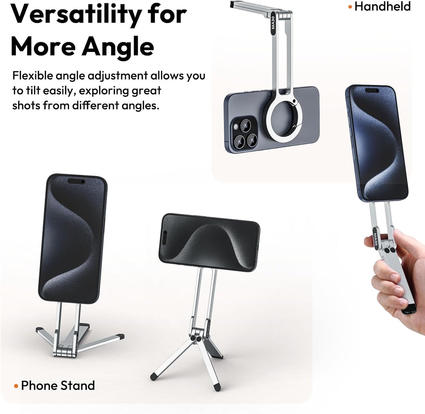 ULANZI MA30 Magnetic Phone Tripod Stand for iPhone - Aluminium Maglock Smartphone Mini Tripod Pocket Cell Phone Stand Strong Magnet Quick Mount Compatible with iPhone 16 15 14 13 12 Series, Silver