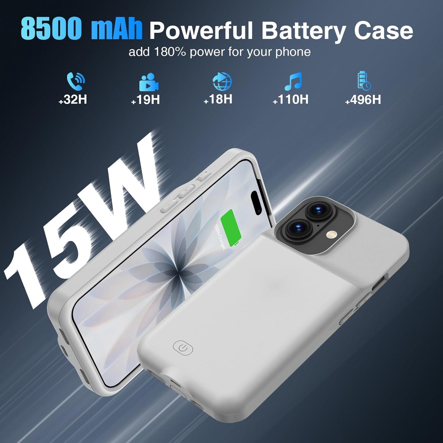 GIN FOXI Battery Case for iPhone 17, Charging Case Charger 8500mAh Ultra-Slim Lightweight Powerful Battery Pack 15W Fast Rechargeable Anti-Fall TPU Juice Box for iPhone 17 (6.3") Grey