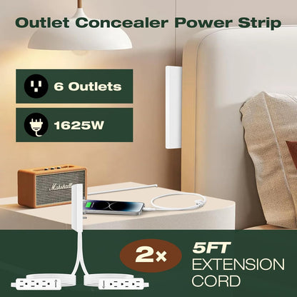 Saker Dual 5ft Flat Extension Cord with 6 Outlets, 1625W | Outlet Cover Extension Cord, Flat Plug, Baby Proof, Universal Size for Home, Kitchen, Office | Safe Outlet Concealer