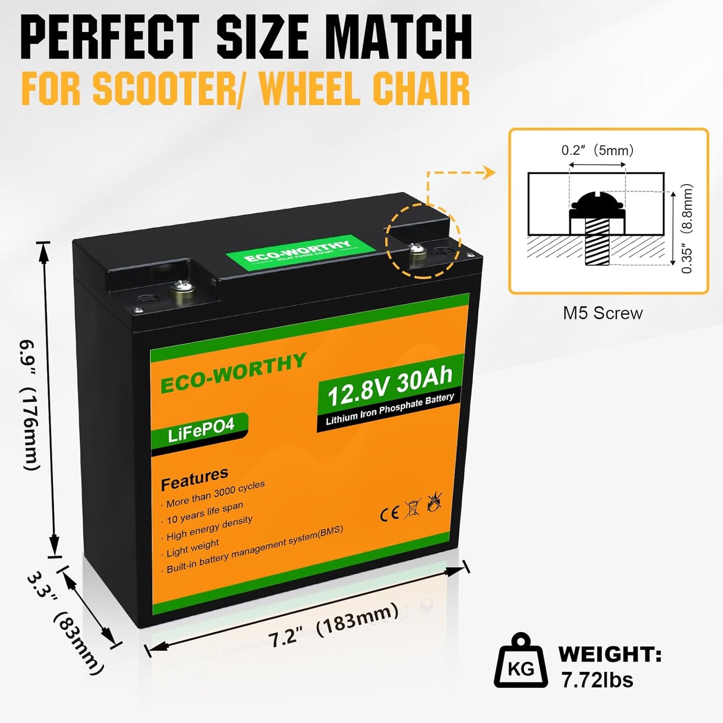 ECO-WORTHY 12V 30Ah LiFePO4 Lithium Battery, 4000+ Deep Cycle Rechargeable Battery with BMS for Ham Radio, Fish Finder, Kids Scooters, Power Wheels, Trolling Motor, Replacement of 12V 35AH SLA