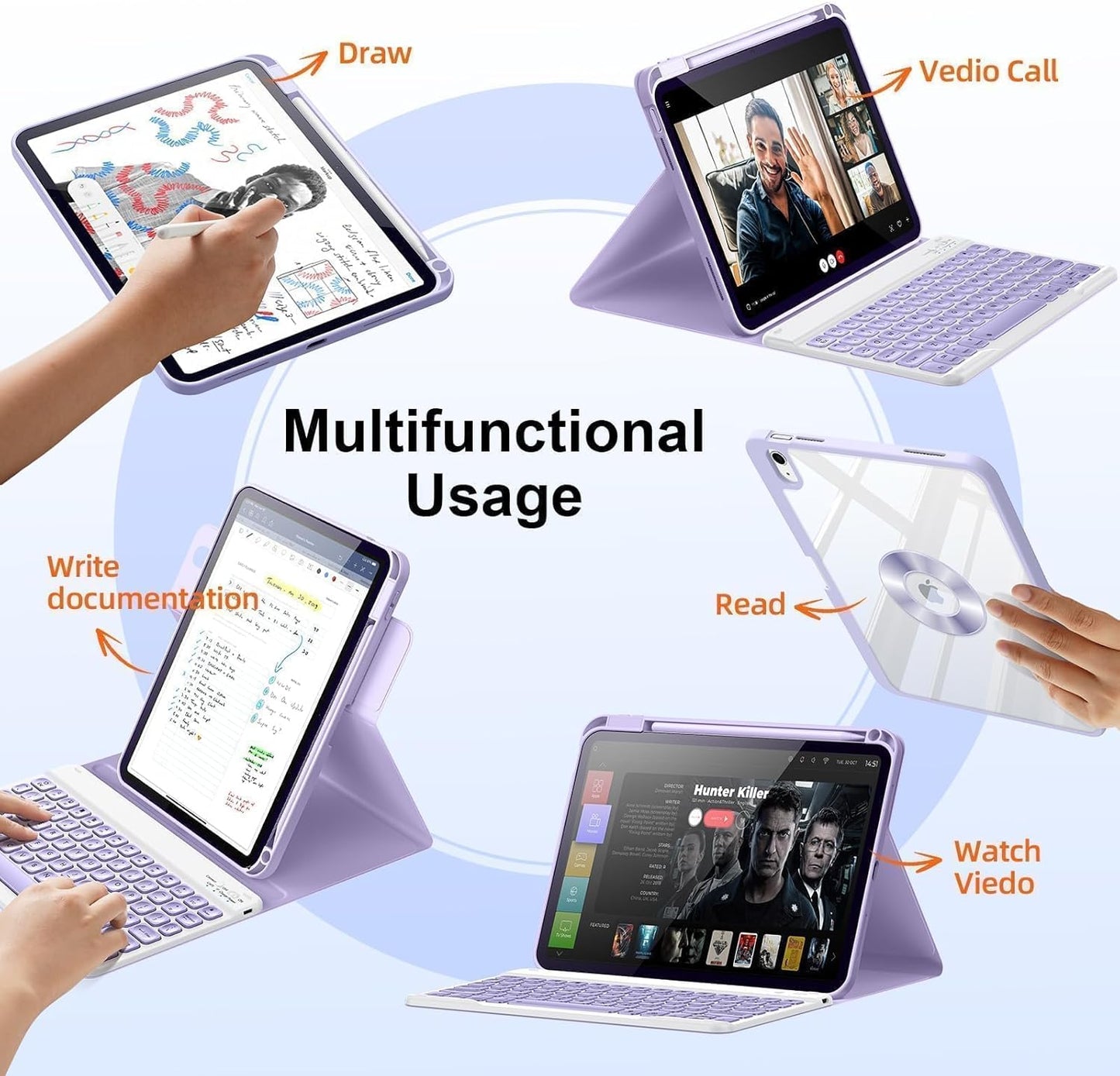 for iPad 11th 10th Generation Case with Keyboard, Magnetic 720° Rotatable Cover Detachable Wireless Bluetooth Backlit Keyboard with Pencil Holder for iPad 11 inch A16 2025 & 10.9 inch 2022 -Purple