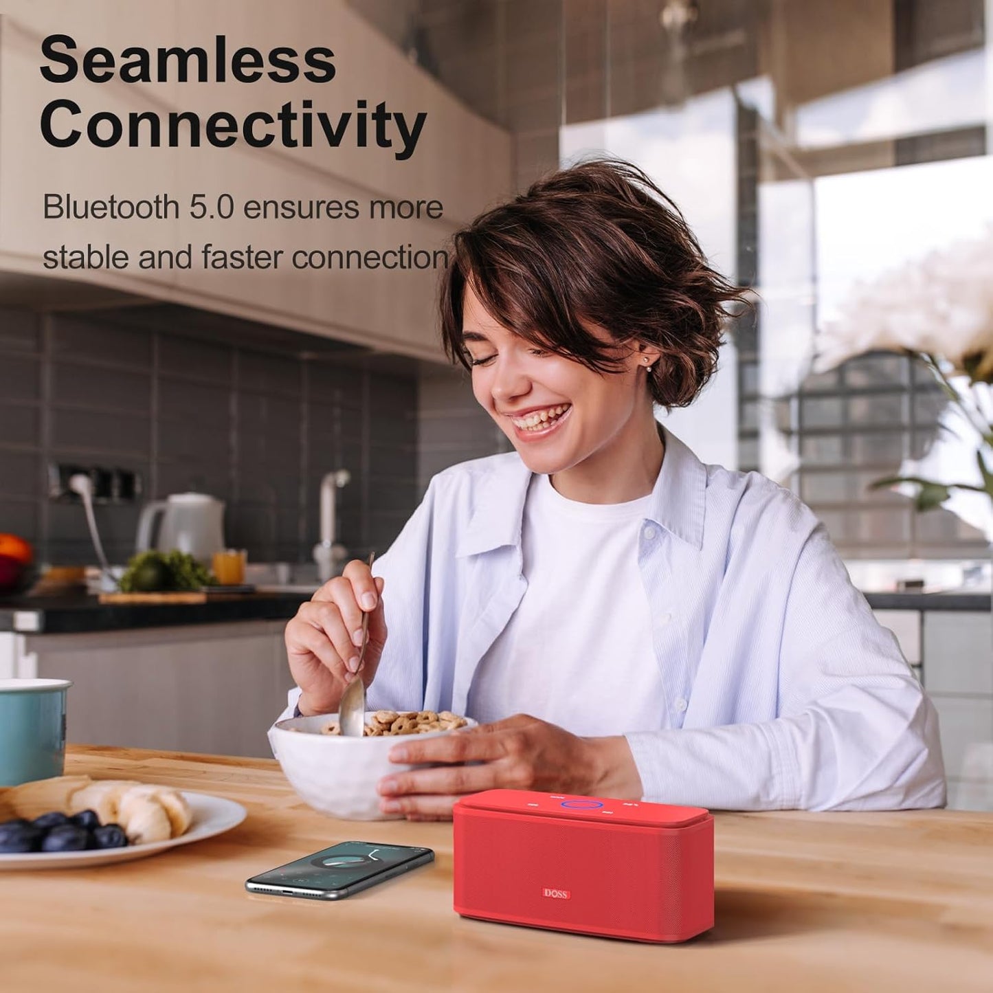 DOSS SoundBox Touch Wireless Bluetooth Speaker with HD Sound and Bass, IPX5 Water-Resistant, 20H Playtime, Handsfree, Portable for Office, Home, Outdoor, Travel-Red