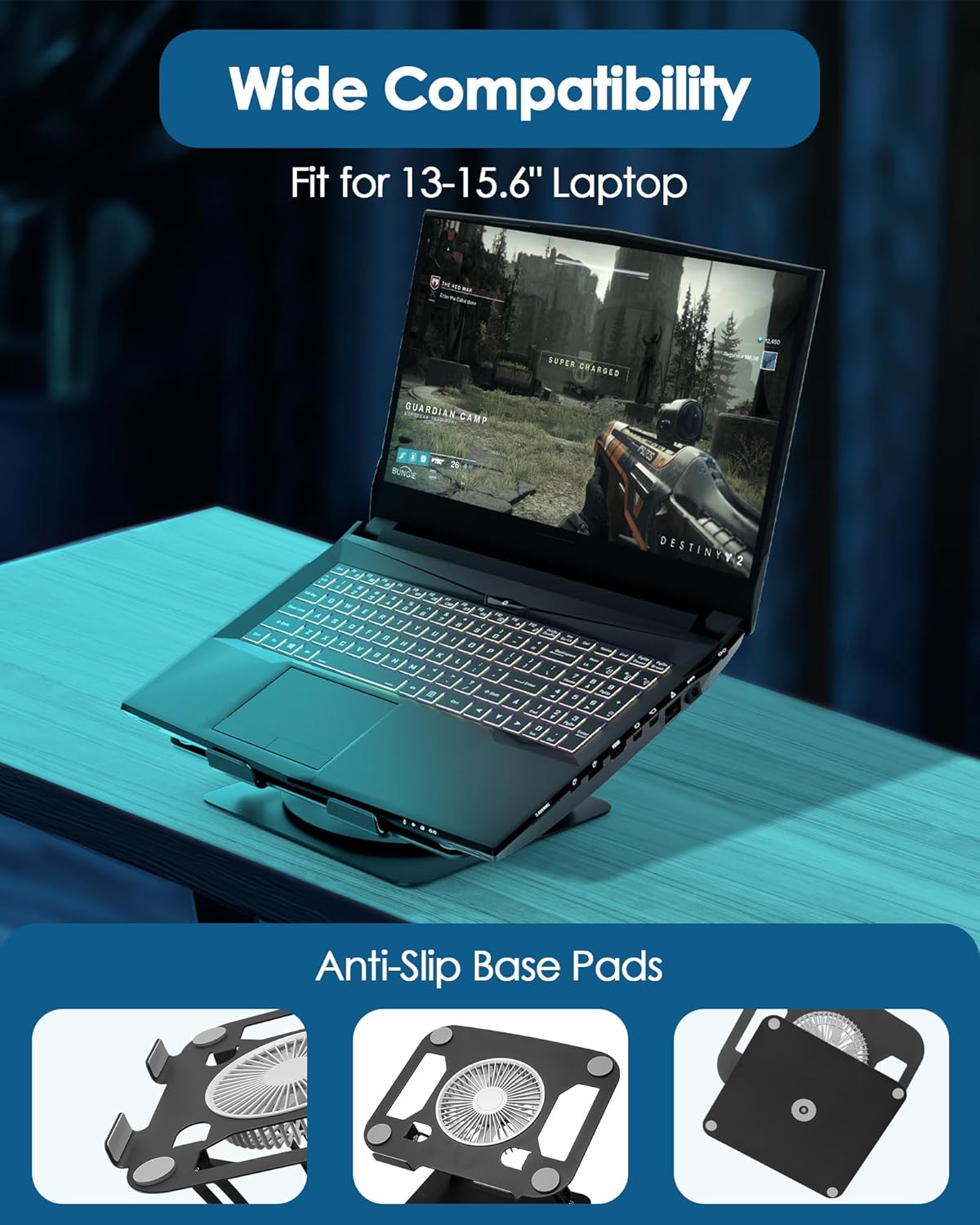 SHUWEI Laptop Cooling Stand with 3 Speed Fan, Adjustable Height & Angle, 360 Rotation Base, Carbon Steel Framework, Ultra-Quiet & Super Sturdy for up to 16”Laptop - Silver