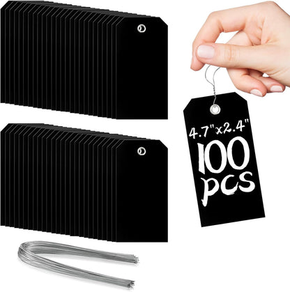 100 Pcs Waterproof Hanging Price Tags with String Attached - Black, 4 3/4" x 2 3/8" for Retail, Engraving, Gift, Equipment, Garage, Shelf Parts