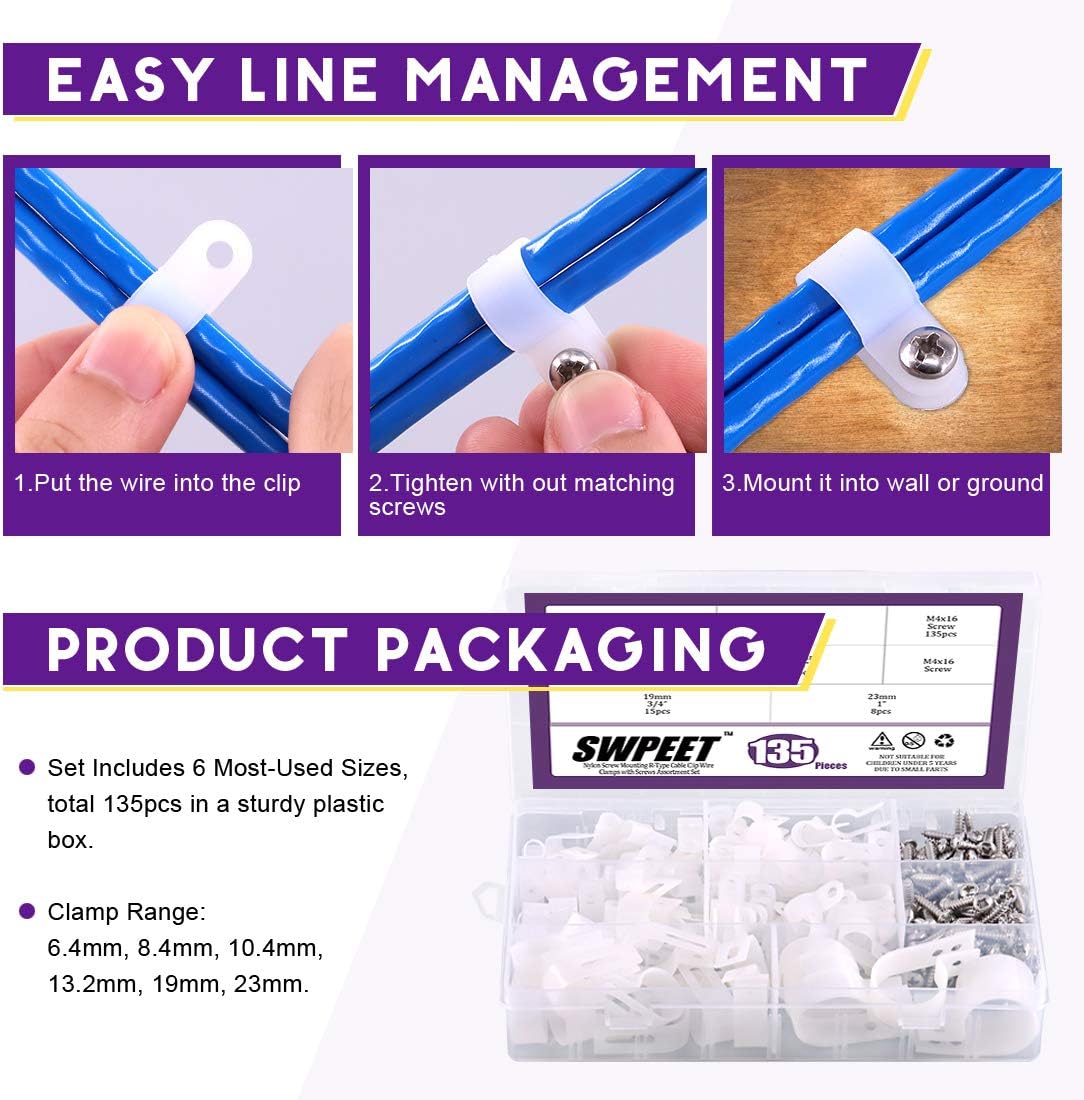 Swpeet 135 Pack 6 Sizes White Nylon Plastic R-Type Cable Clips Clamp Assortment Kit, 1/4" 5/16" 3/8" 1/2" 3/4" 1" Nylon Screw Mounting Cord Fastener Clips with 135 Pack Screws for Wire Management