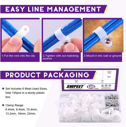 Swpeet 135 Pack 6 Sizes White Nylon Plastic R-Type Cable Clips Clamp Assortment Kit, 1/4" 5/16" 3/8" 1/2" 3/4" 1" Nylon Screw Mounting Cord Fastener Clips with 135 Pack Screws for Wire Management