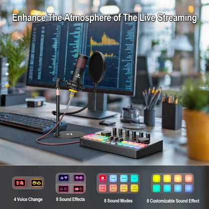 Podcast Equipment Bundle for 2 with Dual 48V XLR Condenser Micophones with Mic Pop Filters Audio Equipment for Live Streaming/ Recording, Online Gaming for Phone/ Laptop/ PC Audio Interface M100