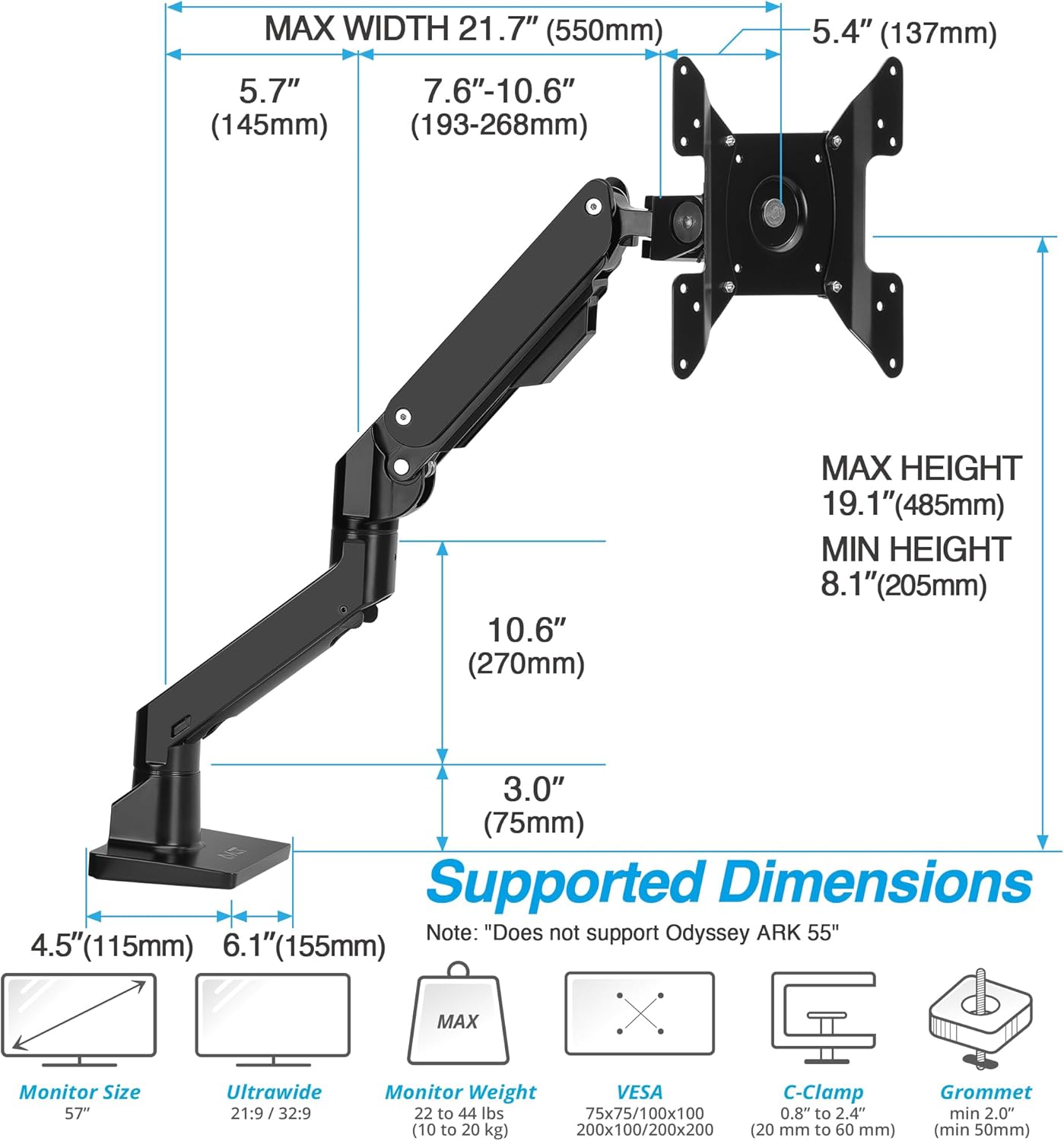AVLT Single Monitor Arm Desk Mount for 34 to 57 in Screens – Fits One 44 lb Heavy Duty Monitor – Full Motion Height, Swivel, Tilt, Rotation – VESA 200x200, 200x100, 100x100, 75x75 – Black