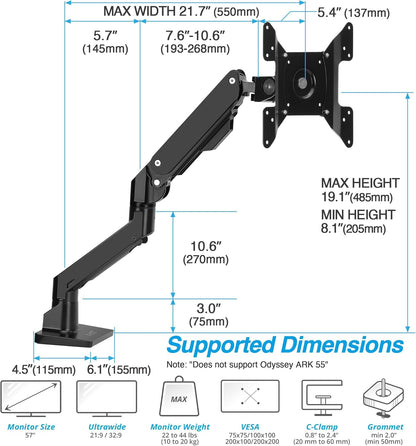 AVLT Single Monitor Arm Desk Mount for 34 to 57 in Screens – Fits One 44 lb Heavy Duty Monitor – Full Motion Height, Swivel, Tilt, Rotation – VESA 200x200, 200x100, 100x100, 75x75 – Black