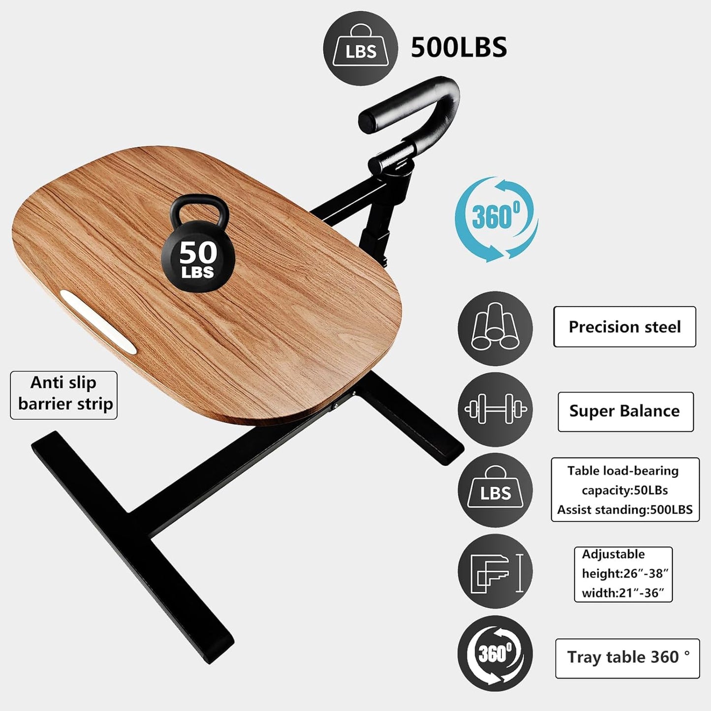 (Black 360° Sofa Rotating Table) Auxiliary Standing Tray 360 Degree and Height Adjustable Rotating TV and Laptop Table, Ergonomic Auxiliary Safety Standing Handle