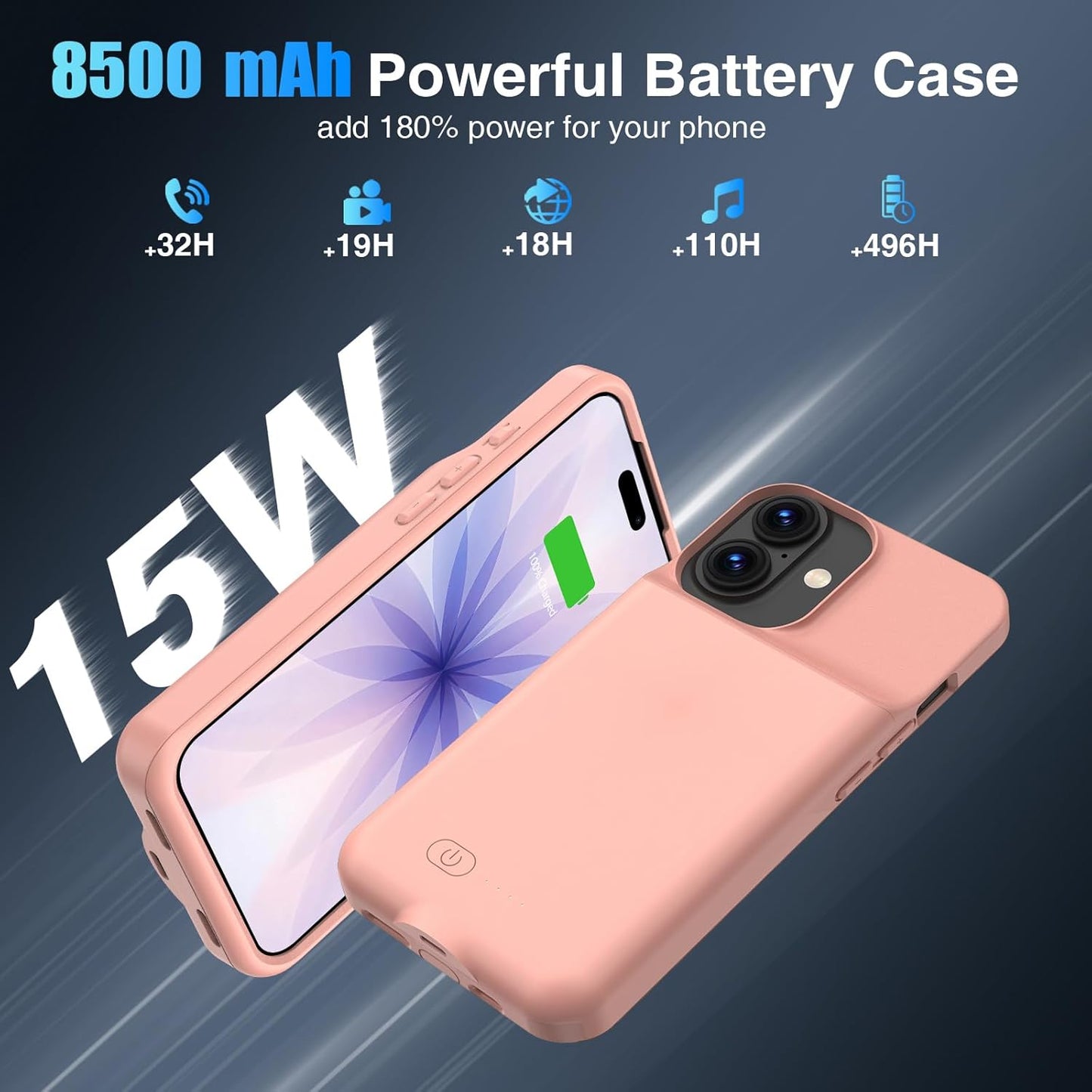 GIN FOXI Battery Case for iPhone 17, Charging Case Charger 8500mAh Ultra-Slim Lightweight Powerful Battery Pack 15W Fast Rechargeable Anti-Fall TPU Juice Box for iPhone 17 (6.3") Pink